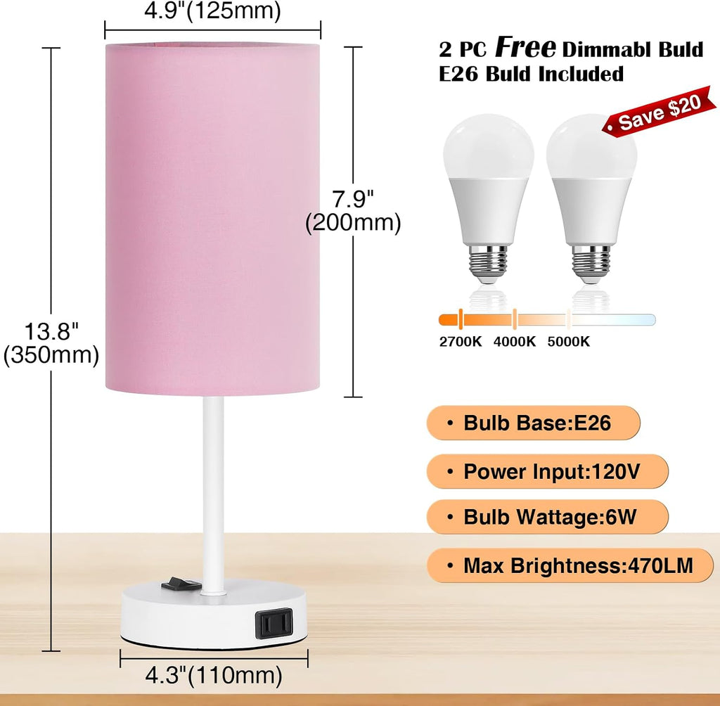 ZJOJO Table Lamp for Bedroom Set of 2, Bedside Small Lamps with 3 Way Dimmable Rocker Switch and AC Outlet, Nightstand Desk Lamp with…