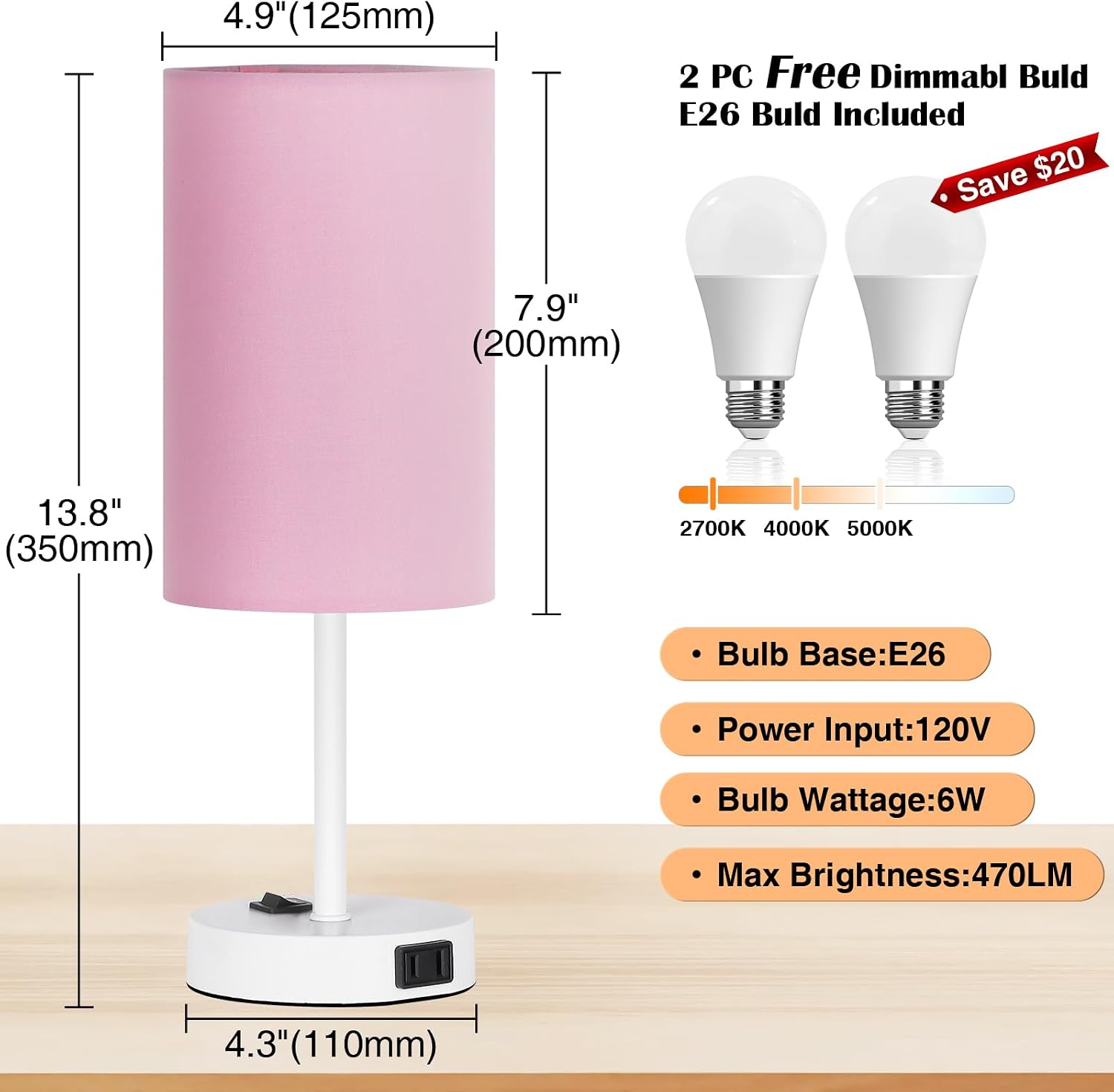 ZJOJO Table Lamp for Bedroom Set of 2, Bedside Small Lamps with 3 Way Dimmable Rocker Switch and AC Outlet, Nightstand Desk Lamp with…