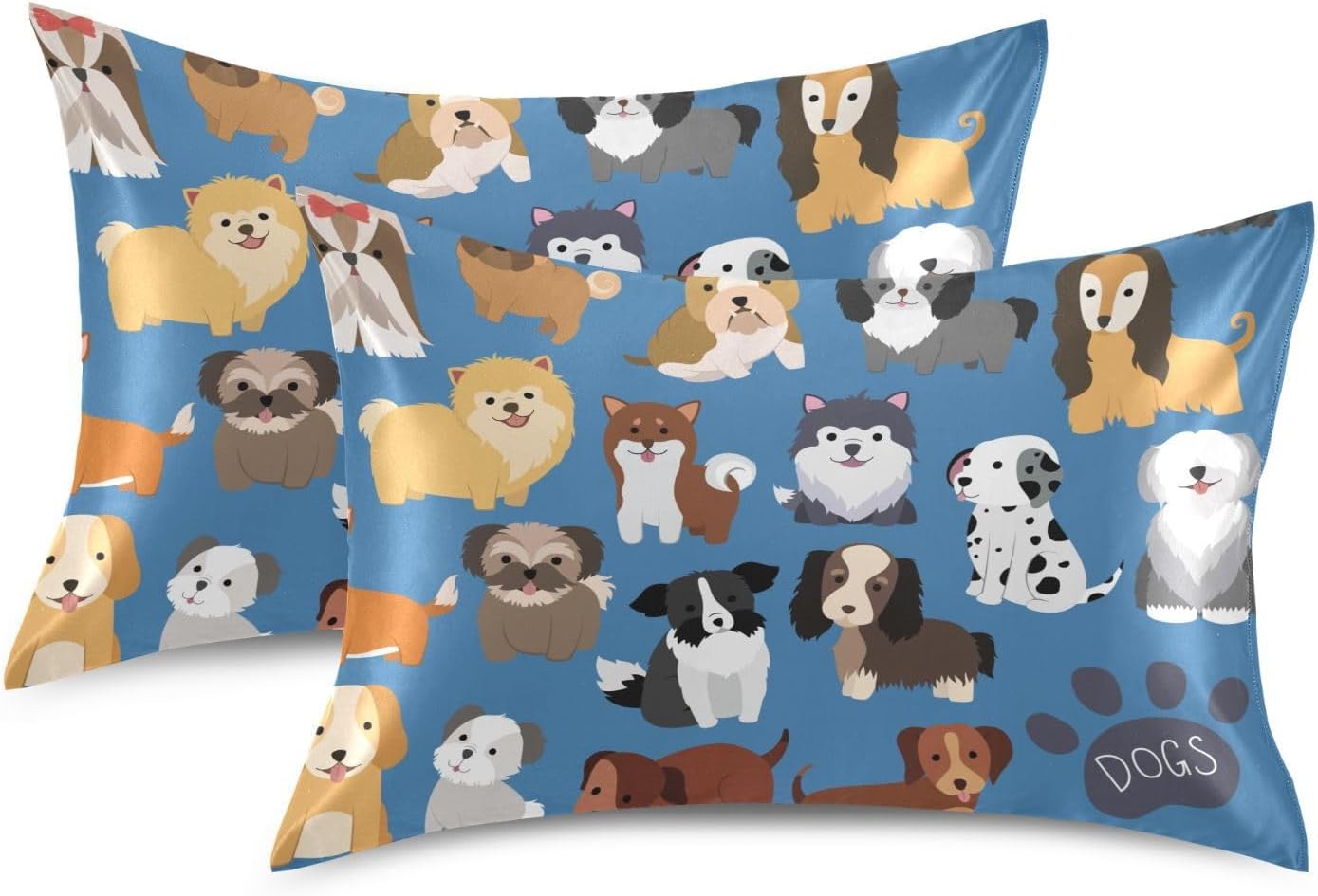 Dogs Cute Blue Print Pillow Covers Silk Pillowcase for Hair and Skin Soft Breathable Smooth Cooling Satin Pillowcase Queen Size Pillow…