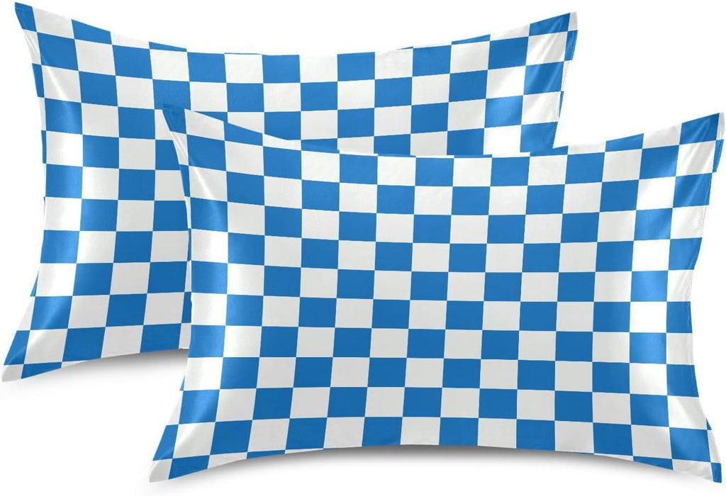 Checkerboard White Blue Plaid Print Pillow Covers Silk Pillowcase for Hair and Skin Soft Breathable Cooling Satin Pillowcase Standard…