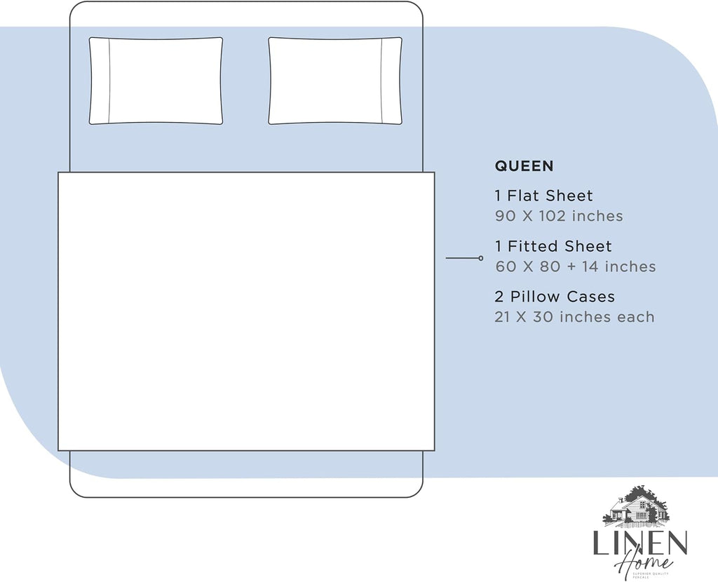 Linen Home 100% Cotton Percale Sheets Queen Size, Baby Blue, Deep Pocket, 4 Pieces Set - 1 Flat, 1 Deep Pocket Fitted Sheet and 2…