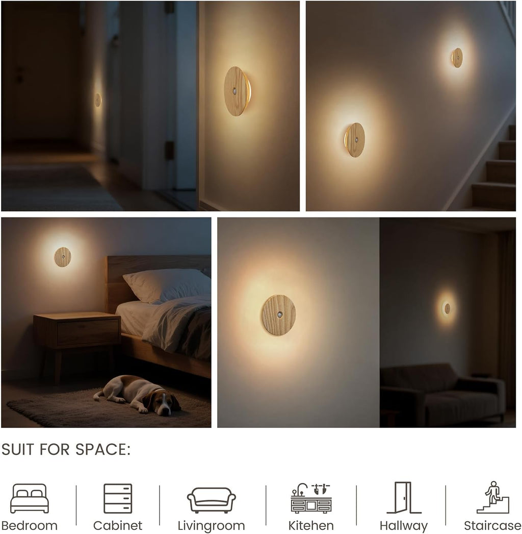 Motion Sensor Night Lights Wood, Rechargeable Battery-Powered Magnetic Stick-On Night Lights Wall Lights for Hallway, Bedroom, and Stairs…