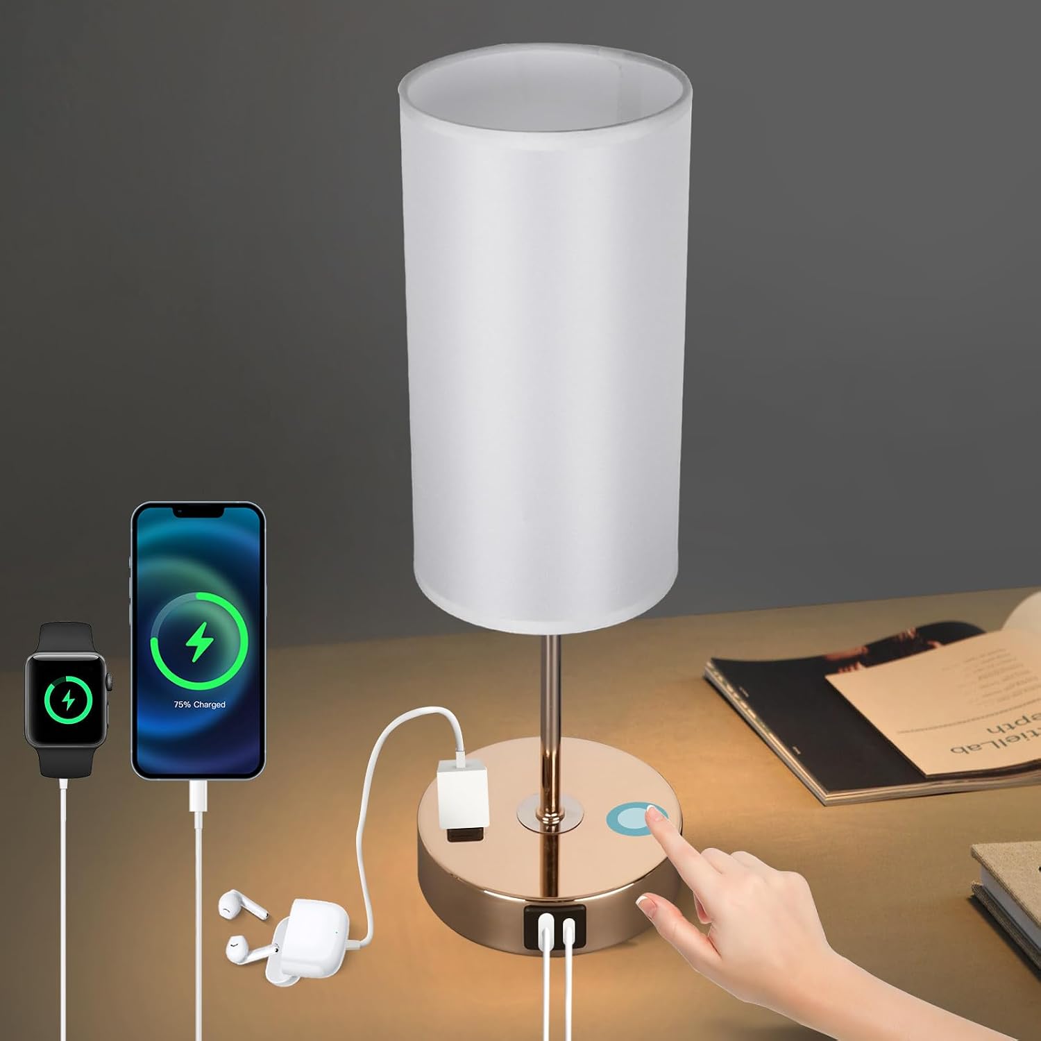 Gold Table Lamp with USB Port - Touch Lamp Desk Lamp, Bedside Lamps for Bedroom, 3 Way Dimmable Small Lamps for Living Room, Dorm, Home…