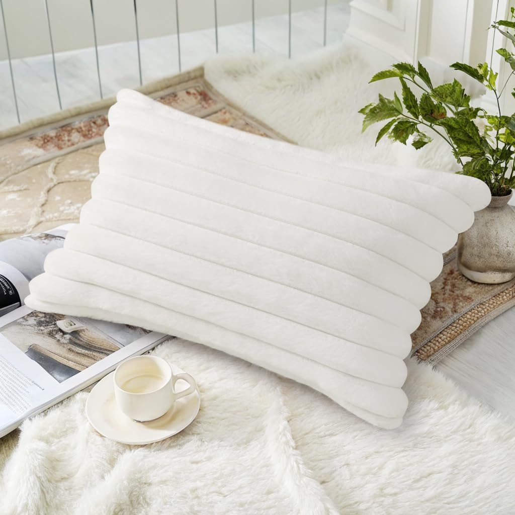 decorUhome Summer Cozy Faux Fur Throw Pillow Covers 12x20 Set of 2 Decorative Soft Plush Striped Lumbar Modern Farmhouse Boho Couch Pillow…