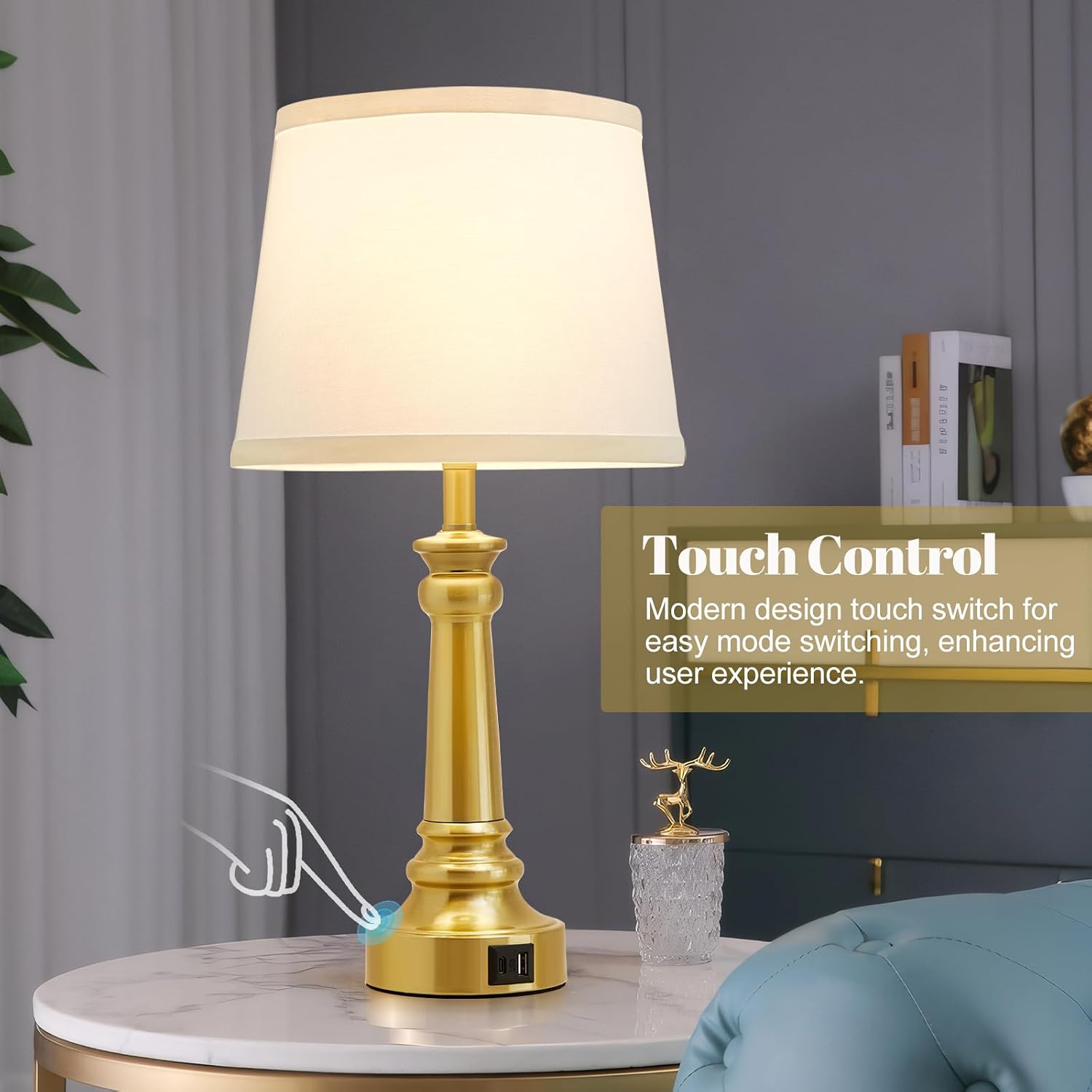 EJIAXIN Touch Lamps for Nightstand Set of 2 - Gold Table Lamp for Bedroom Dimmable Bedside Lamps with USB C+A Ports - Lamps for Night…