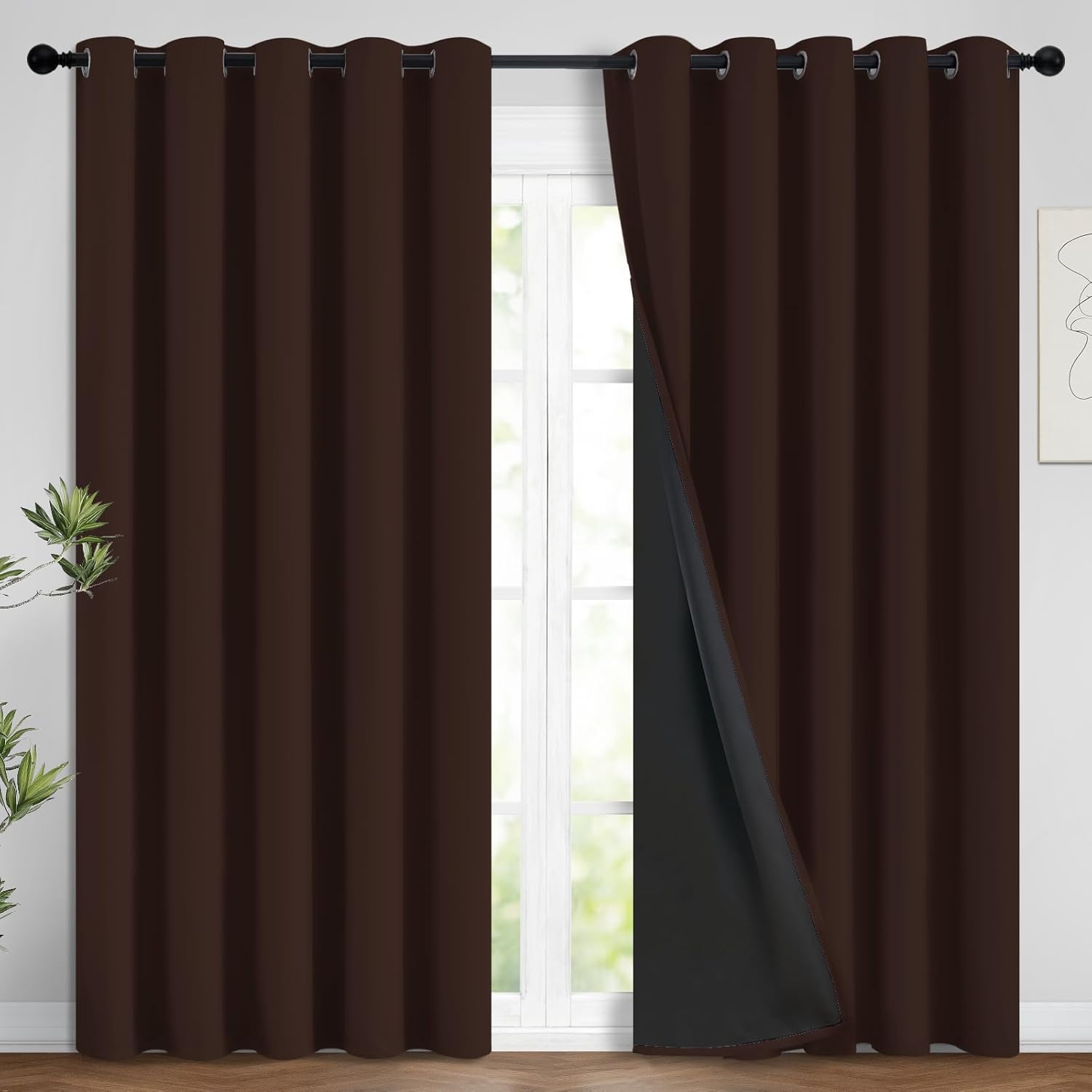 Yakamok 100% Blackout Curtains for Bedroom, 2 Thick Layers Thermal Insulated Grommet Total Blackout Drapes with Black Liner for Living Room…