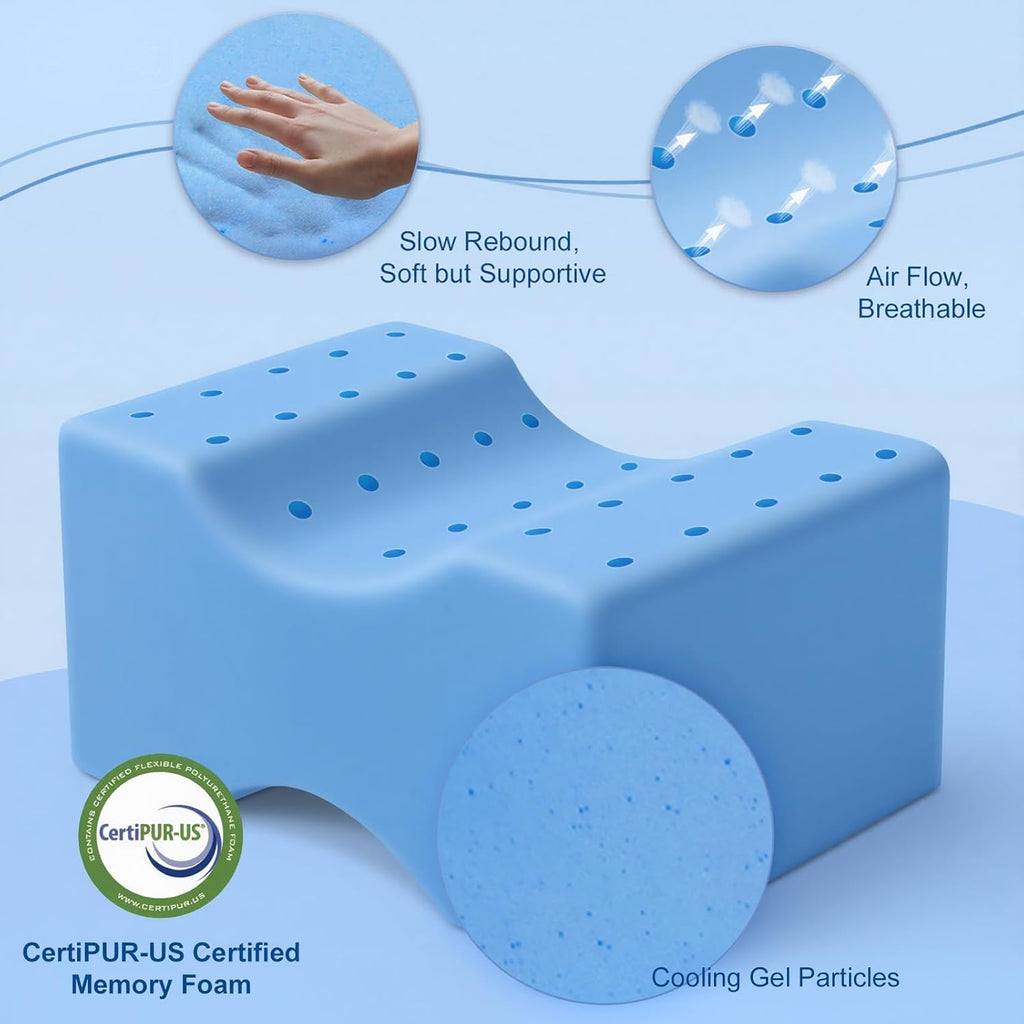 KingPavonini Cooling Knee Pillow for Side Sleepers, Gel Memory Foam Leg Pillows for Side Sleeping with Ice Silk Cover and Strap, Knee Pillo…