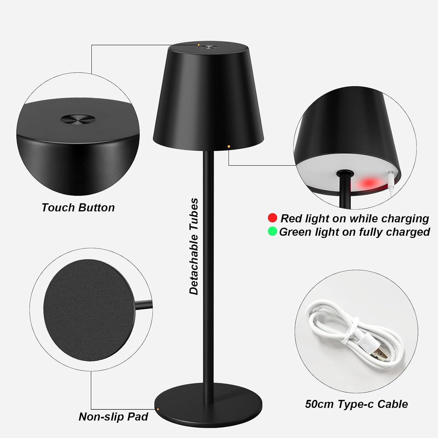 Kakanuo Cordless Table Lamp Rechargeable Black - KK 2 Pack 5000mAH Battery Operated Lamp for Counter, 3 Color Stepless Dimming Wireless…