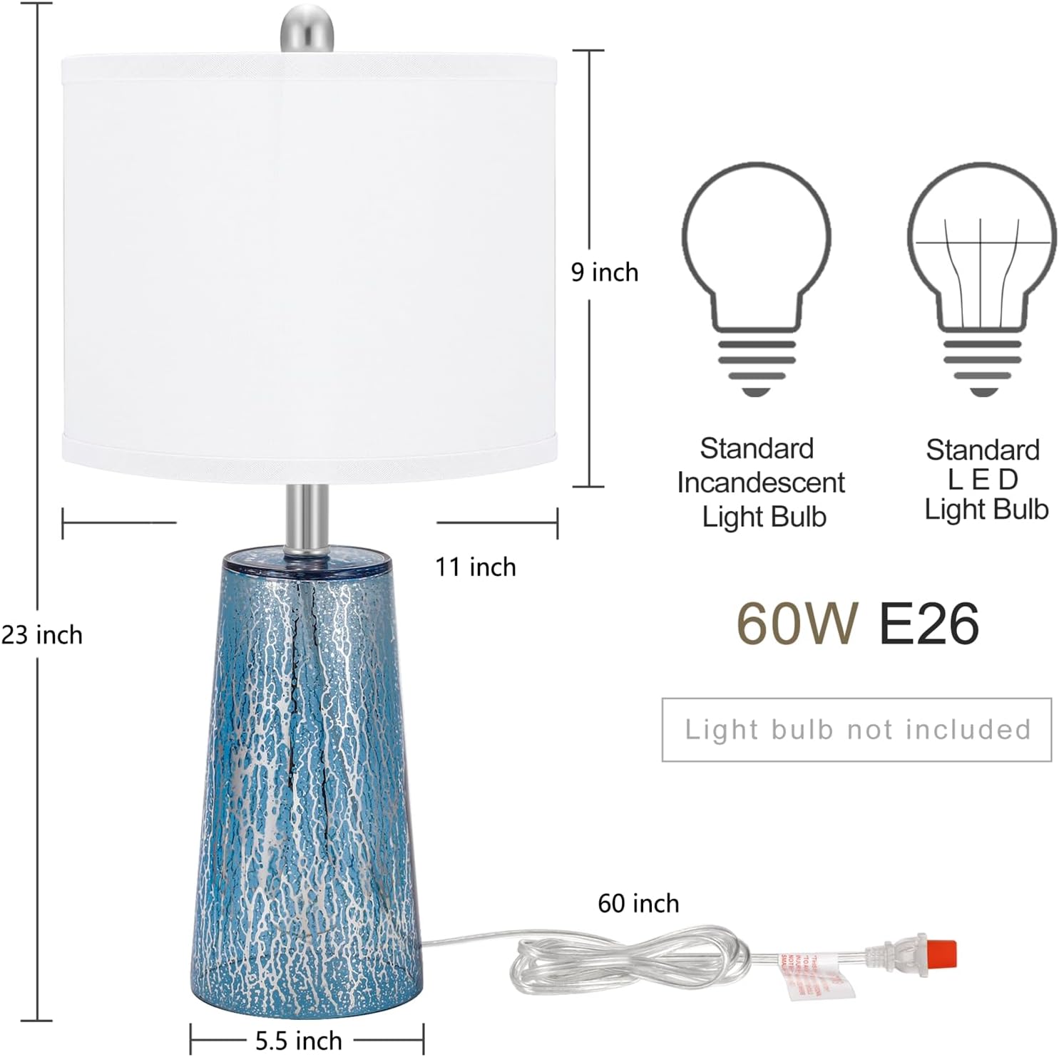 Modern Coastal Table Lamps 23” High Blue Silver Hand-Applied Mercury Tapered Column Glass Bedside Lamps, for Bedroom Living Room Home…