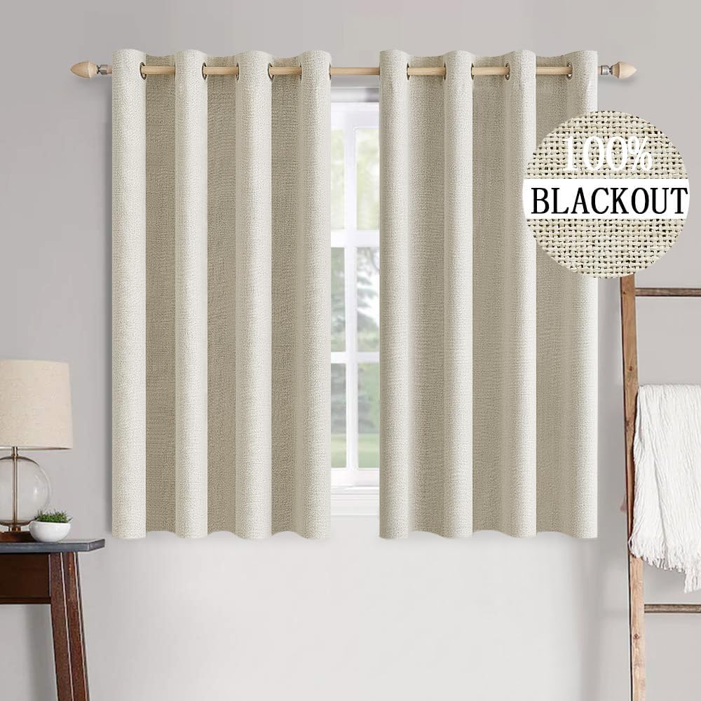 Miulee 100% Blackout Linen Textured Curtains for Bedroom Solid Thermal Insulated Cream Grommet Room Darkening Curtains & Drapes Luxury Deco…