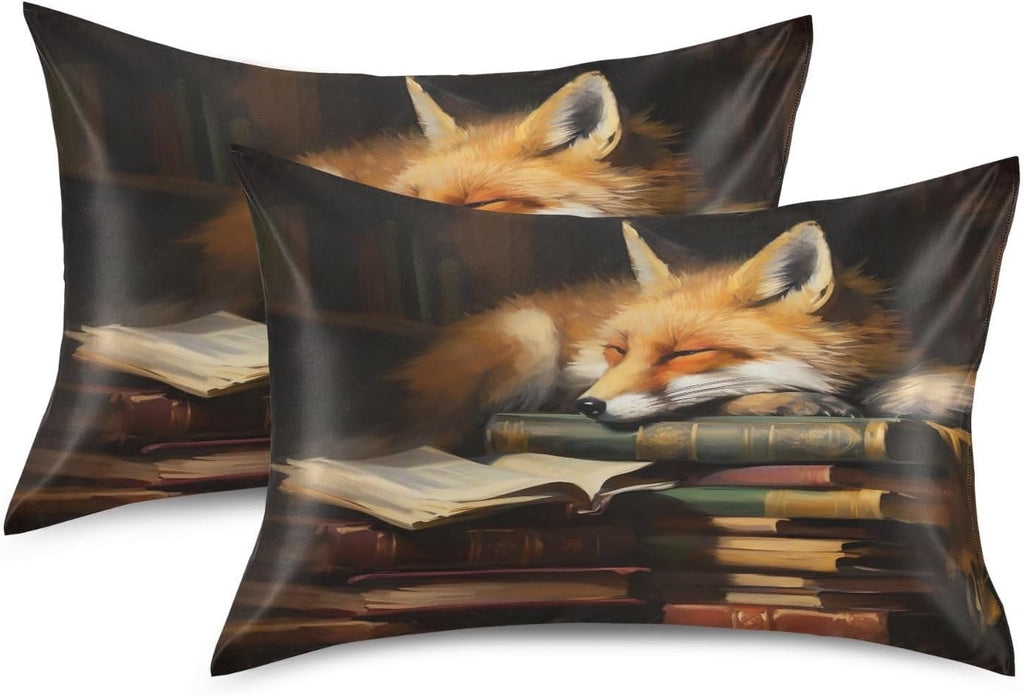 Fox Cartoon Pillow Covers Silk Pillowcase for Hair and Skin Soft and Smooth Cooling Satin Pillowcase Queen Size Pillow Case for Women…