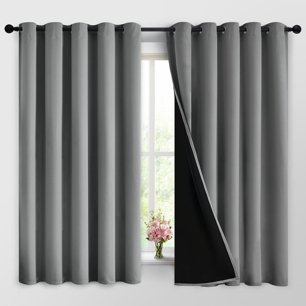Yakamok 100% Grey Blackout Curtains for Bedroom, Light Blocking Thermal Insulated Noise Reducing Blackout Drapes for Living Room(62Wx63L, 2…