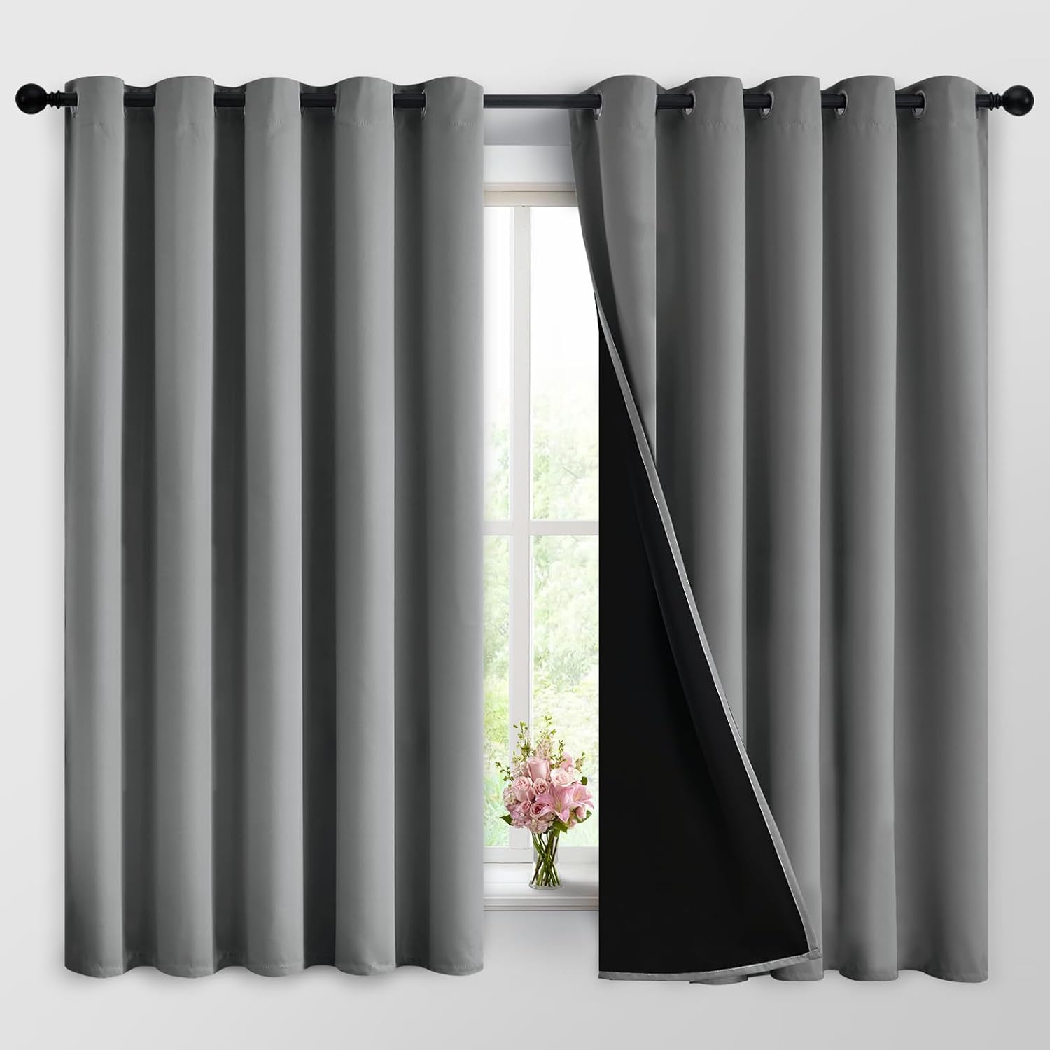Yakamok 100% Grey Blackout Curtains for Bedroom, Light Blocking Thermal Insulated Noise Reducing Blackout Drapes for Living Room(62Wx63L, 2…