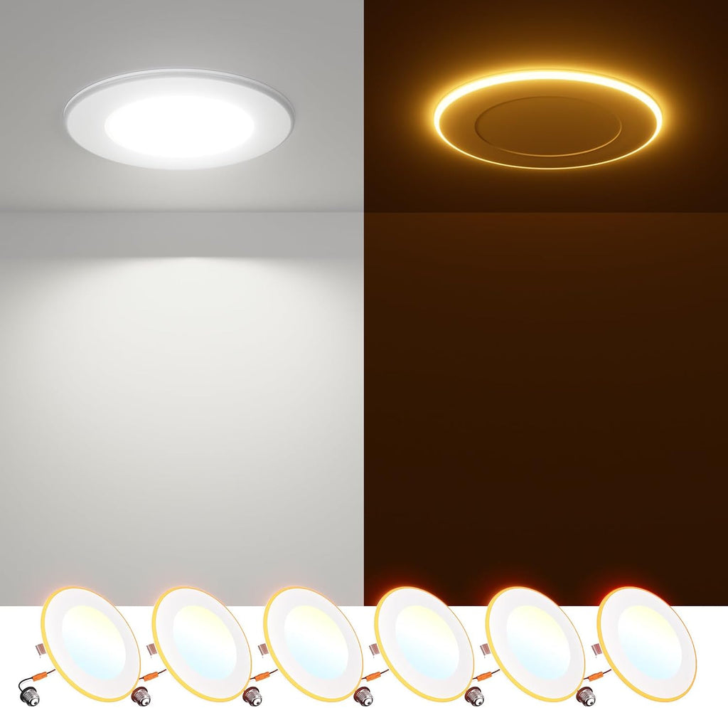 FREELICHT 6 Pack 4 Inch 5CCT LED Recessed Can Light with Night Light, 2700K/3000K/4000K/5000K/6000K Selectable Flat Recessed Lighting…