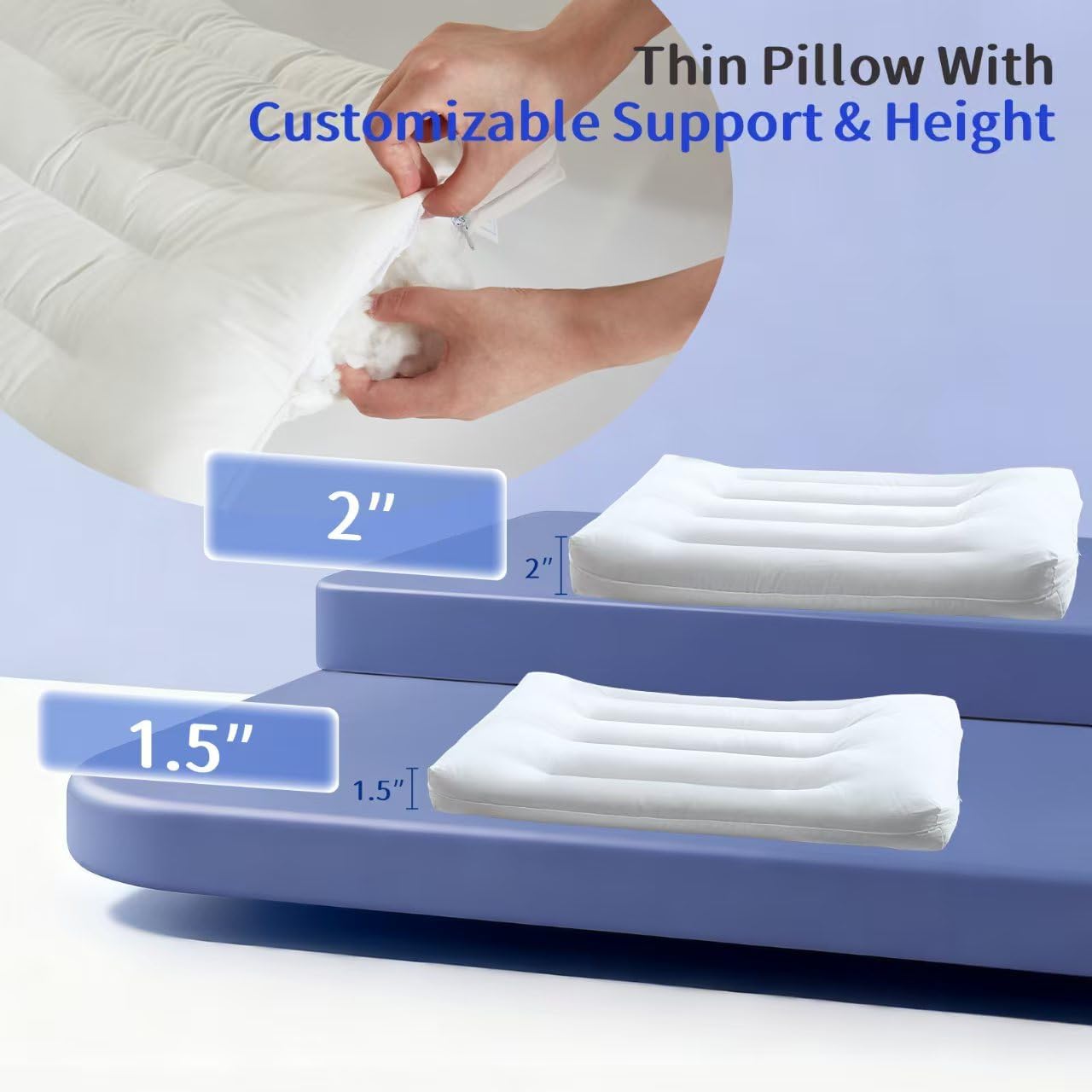 Flat Pillow - Ultra Thin & Adjustable Low Pillow for Side Back Stomach Sleepers, Relief Neck & Shoulder Pain, Customizable Support with…