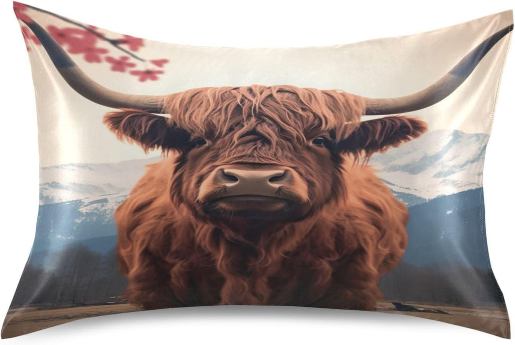 YETTASBIN Highland Cow Satin Pillowcase, Soft Breathable Silk Pillow Case with Envelope Closure for Hair and Skin, Standard Size 26 x 20…