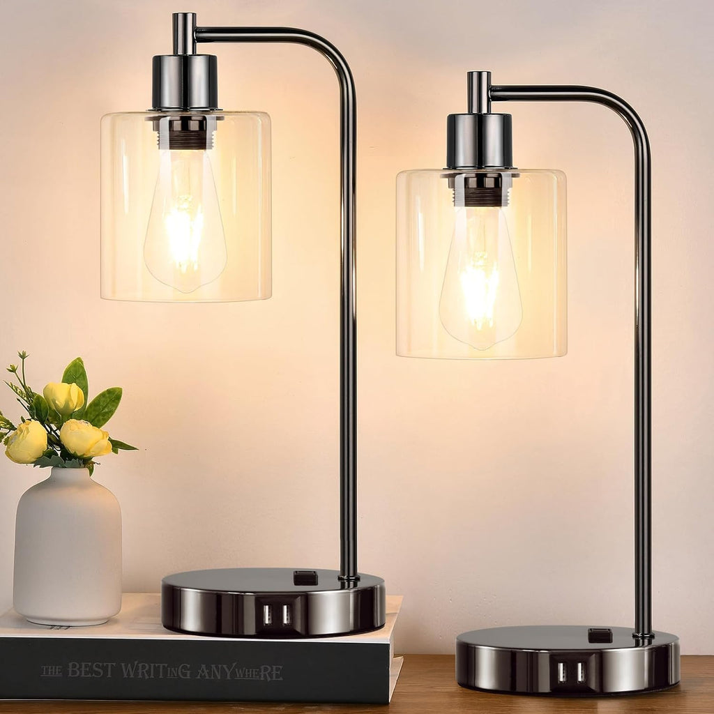 Industrial Touch Control Table Lamps Set of 2 - Black Nickel Bedside Lamps with 2 USB Ports & AC Outlet, 3-Way Dimmable Nightstand Desk…