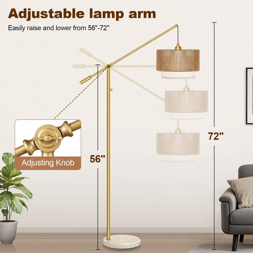 Upgraded】Arc Floor Lamp for Living Room, Boho Dimmable Swing Arm Floor Lamp with Rattan & Fabric Shades, Gold Rattan Standing Lamp with…
