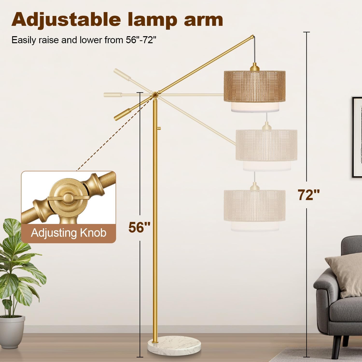 Upgraded】Arc Floor Lamp for Living Room, Boho Dimmable Swing Arm Floor Lamp with Rattan & Fabric Shades, Gold Rattan Standing Lamp with…