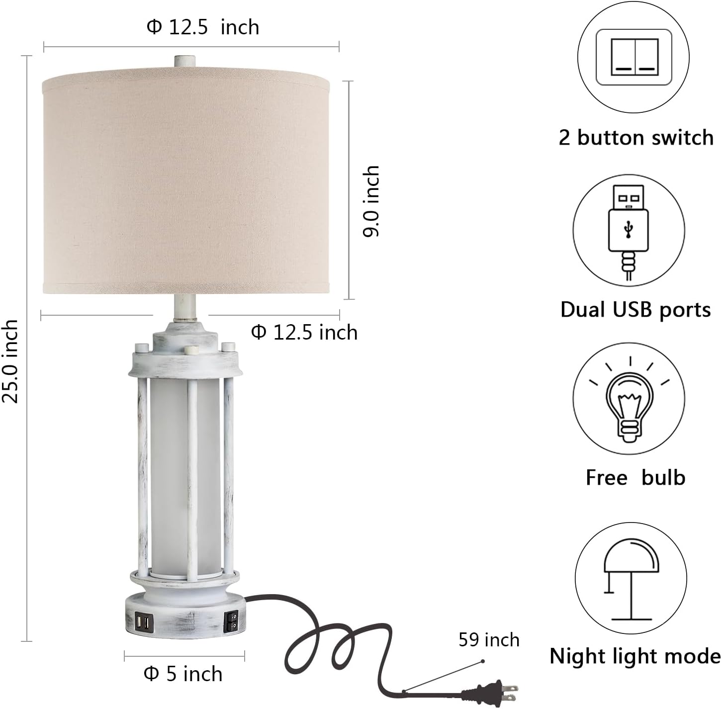 AIEAMPDO 25" Rustic Table Lamps Set of 2, Vintage Nightstand Lamps with 2 USB Ports, Farmhouse Antique White Desk Lamp with Glass Night…