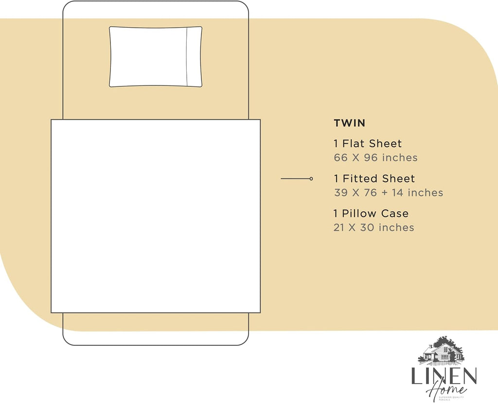 Linen Home 100% Cotton Percale Sheets Twin Size, Ivory, Deep Pocket, 3 Pieces Set - 1 Flat, 1 Deep Pocket Fitted Sheet and 1 Pillowcase…