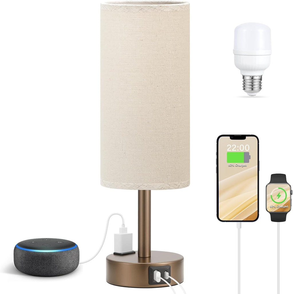 Fenmzee Brown Bedside Table Lamp for Bedroom - 3 Way Dimmable Touch Lamp USB C Charging Ports and AC Outlet, Small Lamp Round Flaxen…