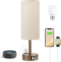 Fenmzee Brown Bedside Table Lamp for Bedroom - 3 Way Dimmable Touch Lamp USB C Charging Ports and AC Outlet, Small Lamp Round Flaxen…