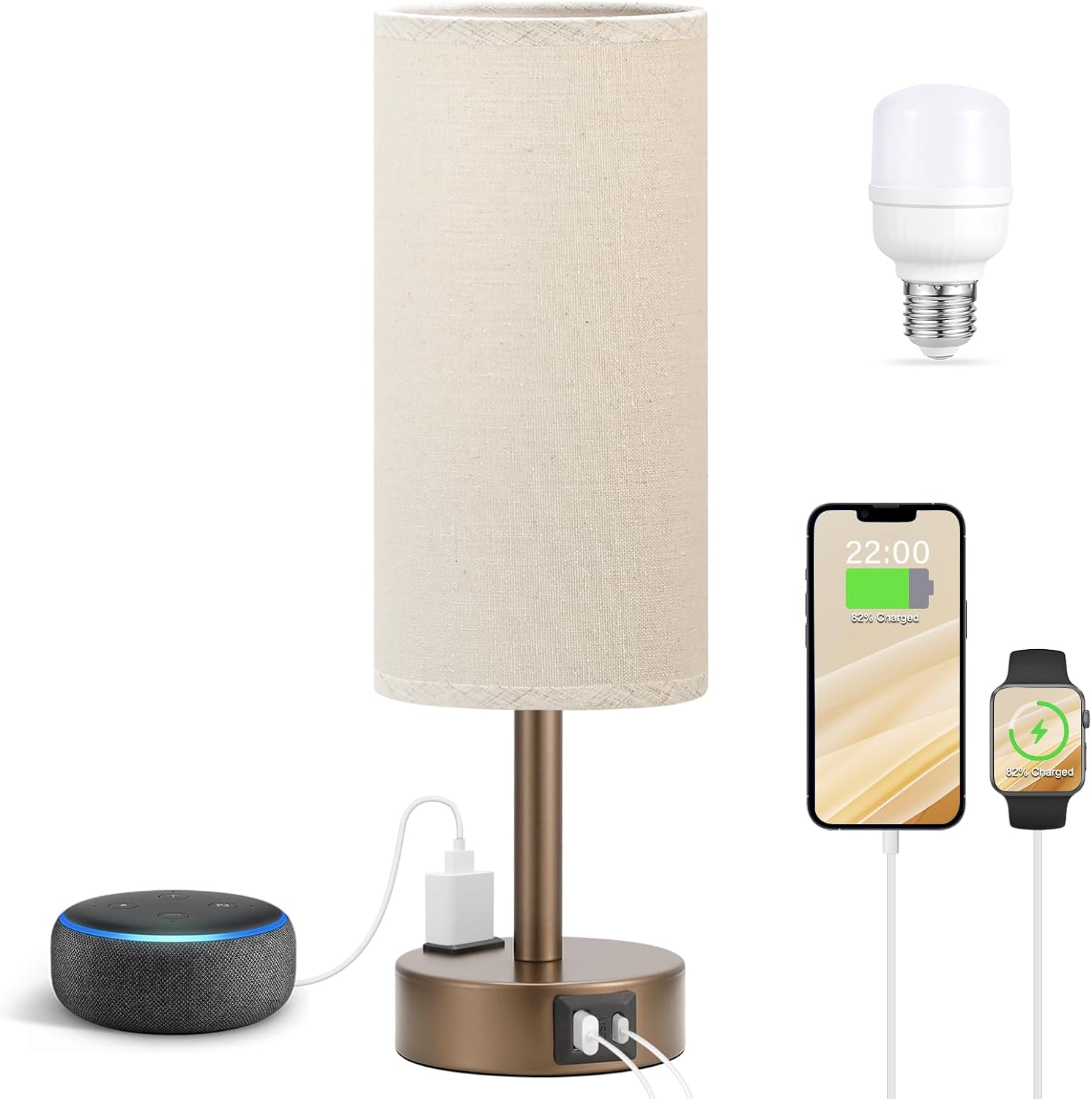 Fenmzee Brown Bedside Table Lamp for Bedroom - 3 Way Dimmable Touch Lamp USB C Charging Ports and AC Outlet, Small Lamp Round Flaxen…