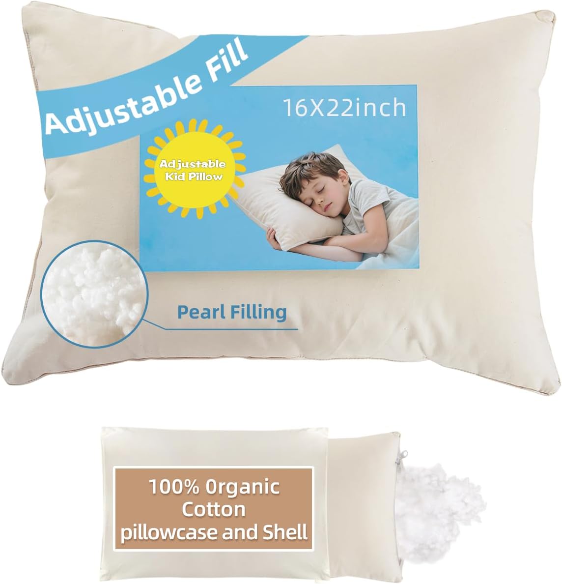 Lofe 16x22 Kid Pillow with 100% Organic Cotton Pillowcase and Shell - Adjustable Youth Pillow for Kids Ages 4-8 Meets the Growth Need, Soft…