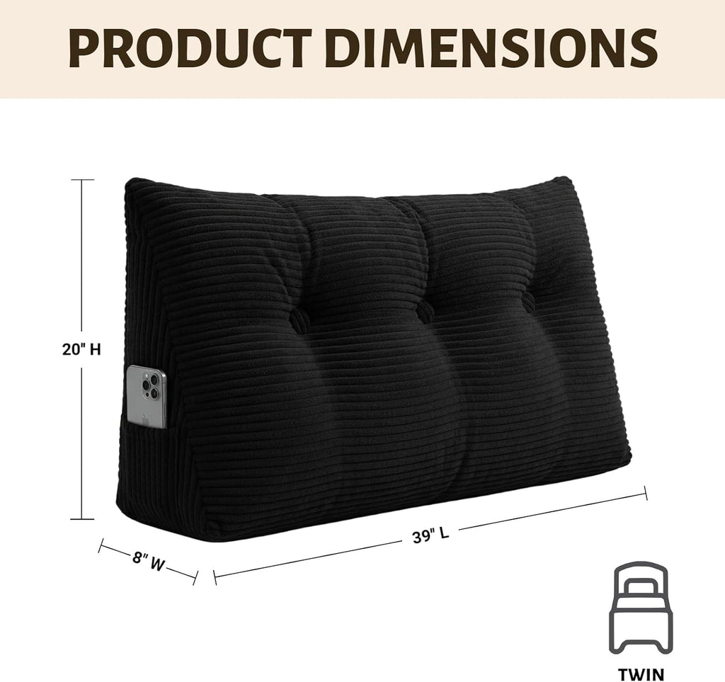 Wedge Reading Pillow Headboard Twin Size, Headboard Bolster Pillow for Bed, Triangular Backrest Cushion with Removable Corduroy Cover, Black