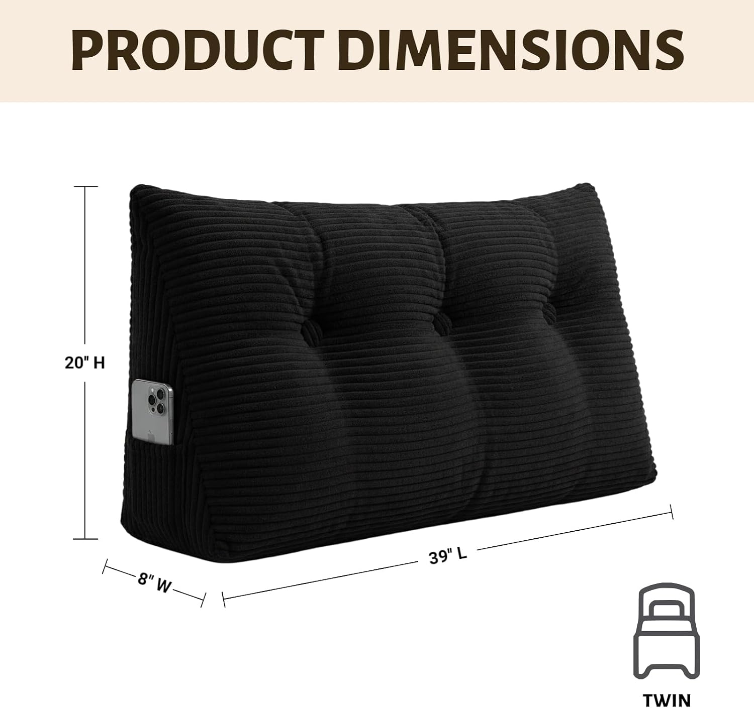 Wedge Reading Pillow Headboard Twin Size, Headboard Bolster Pillow for Bed, Triangular Backrest Cushion with Removable Corduroy Cover, Black