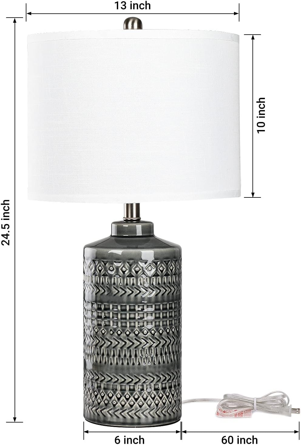 Modern Ceramic Table Lamp, 24.5" Living Room Lamps 3-Way Dimmable Gray Nightstand Lamp with White Shade|Tall Bedside Lamp Desk Decor…