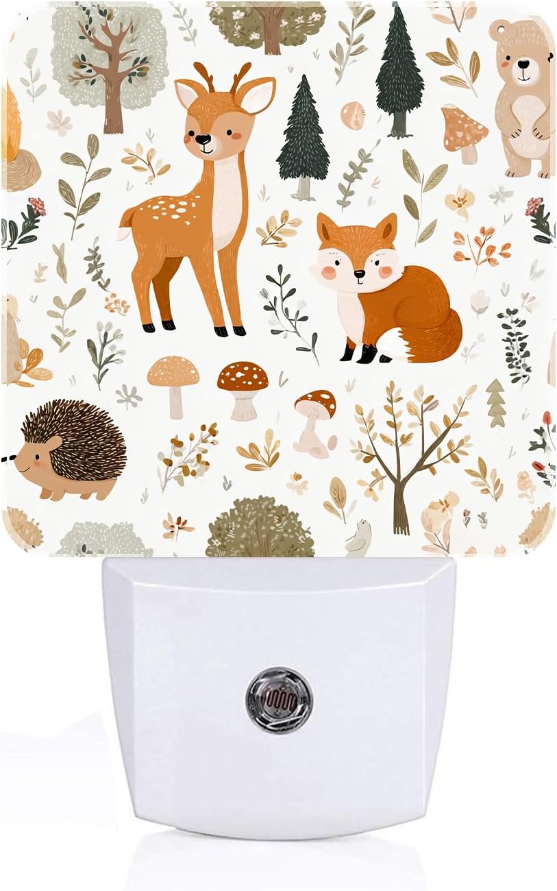 Cute Forest Animals Night Light, Deer and Fox Plug Into Wall with Dusk to Dawn Light Sensors, Warm Nightlights for Bedroom, Bathroom…