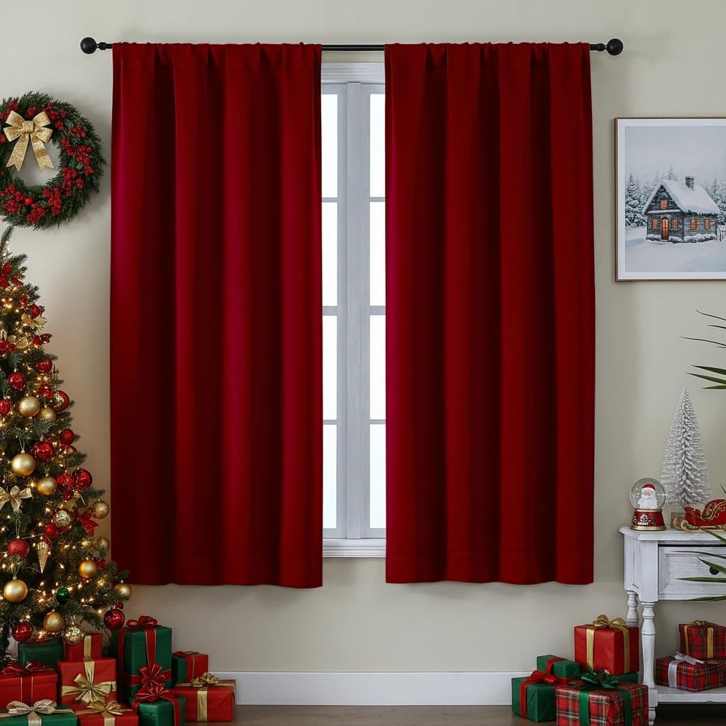 Simplebrand Ava Red Blackout Curtains for Bedroom 63 Inch Length 2 Panels Set, Nursery Thermal Insulated Energy Saving Rod Pocket Window Tr…