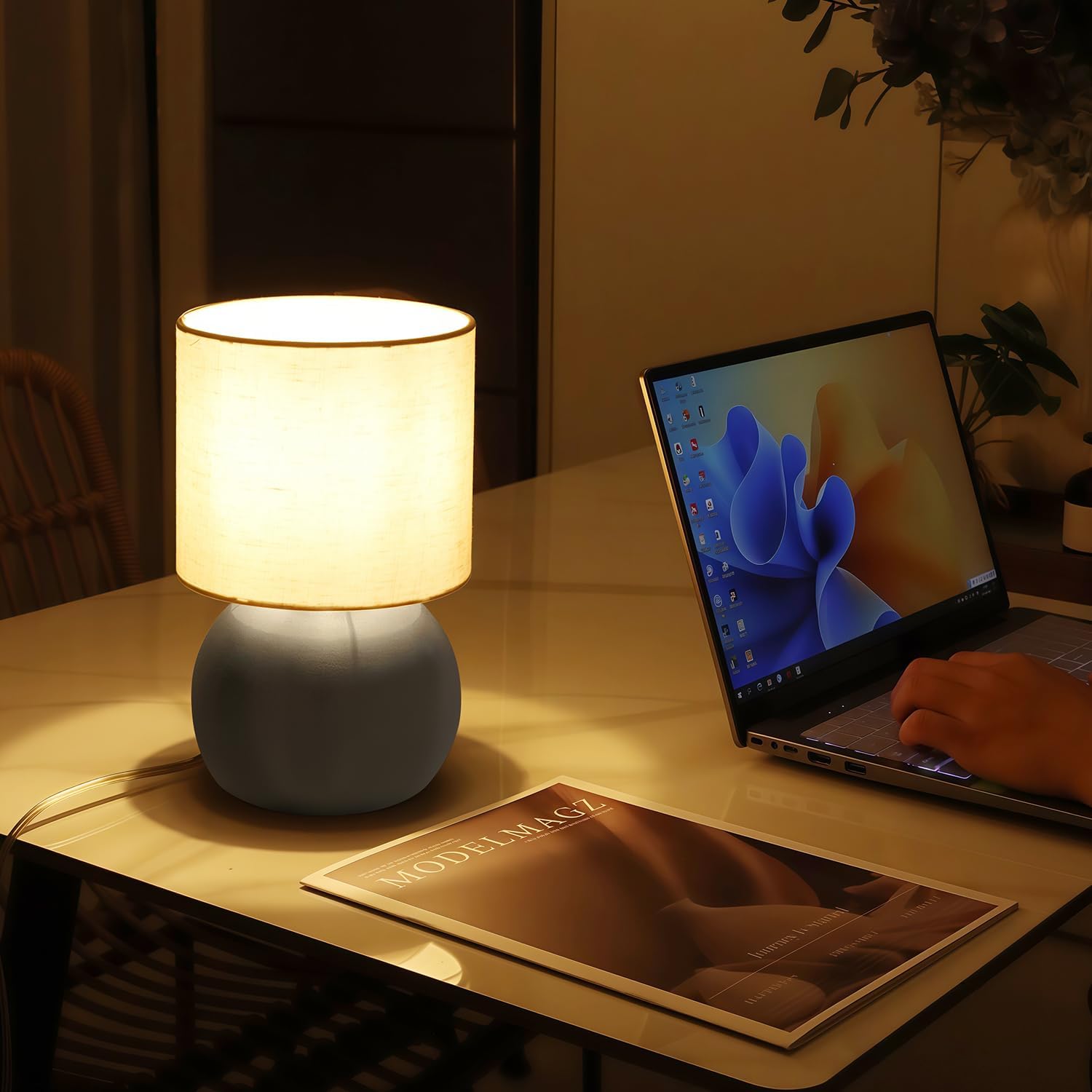 Modern Small Table Lamp with Grey Metal Base and Linen Shade, 10.4 Inch Nightstand Light for Bedroom, Living Room, Desk, Dorm