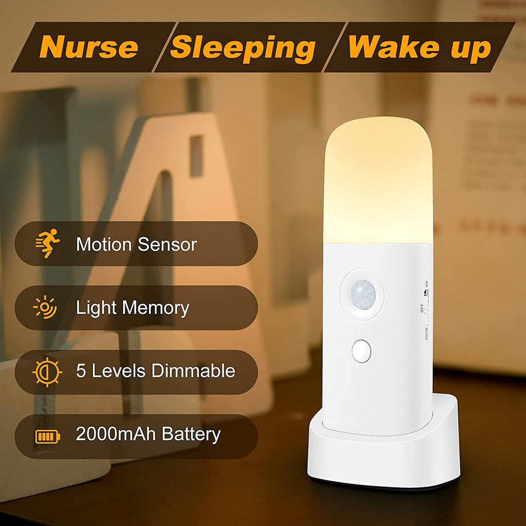CREWEEL Motion Sensor Night Light Indoor, 2000mAh Battery Operated Lights, Cordless Table Lamps for Kids, 5 Stages Dimmable LED Nursery…