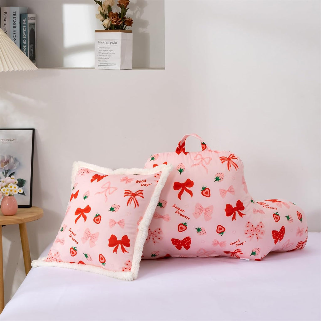 Holawakaka Kids Backrest Reading Pillow with Arms, Strawberry Bowknot Print Plush Bed Rest Pillows for Girls Teens Sitting in Bed, Sofa…