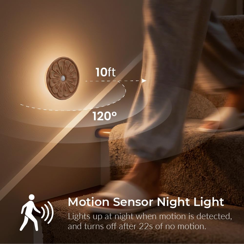 Flower Motion Sensor Night Light, Carved Wooden Flower Wall Lamp, Backlight LED Light, Rechargeable & Stick-On Magnetic Mount for Indoor…