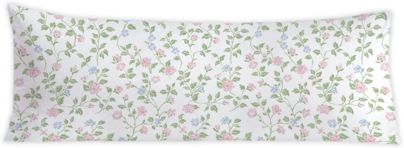 Pink and Green Blue Grandmillennial Floral 20x54 Body Pillow Cover, Cottagecore Home Decor, Pastel Pink Grand Millenial Flower Decorative…