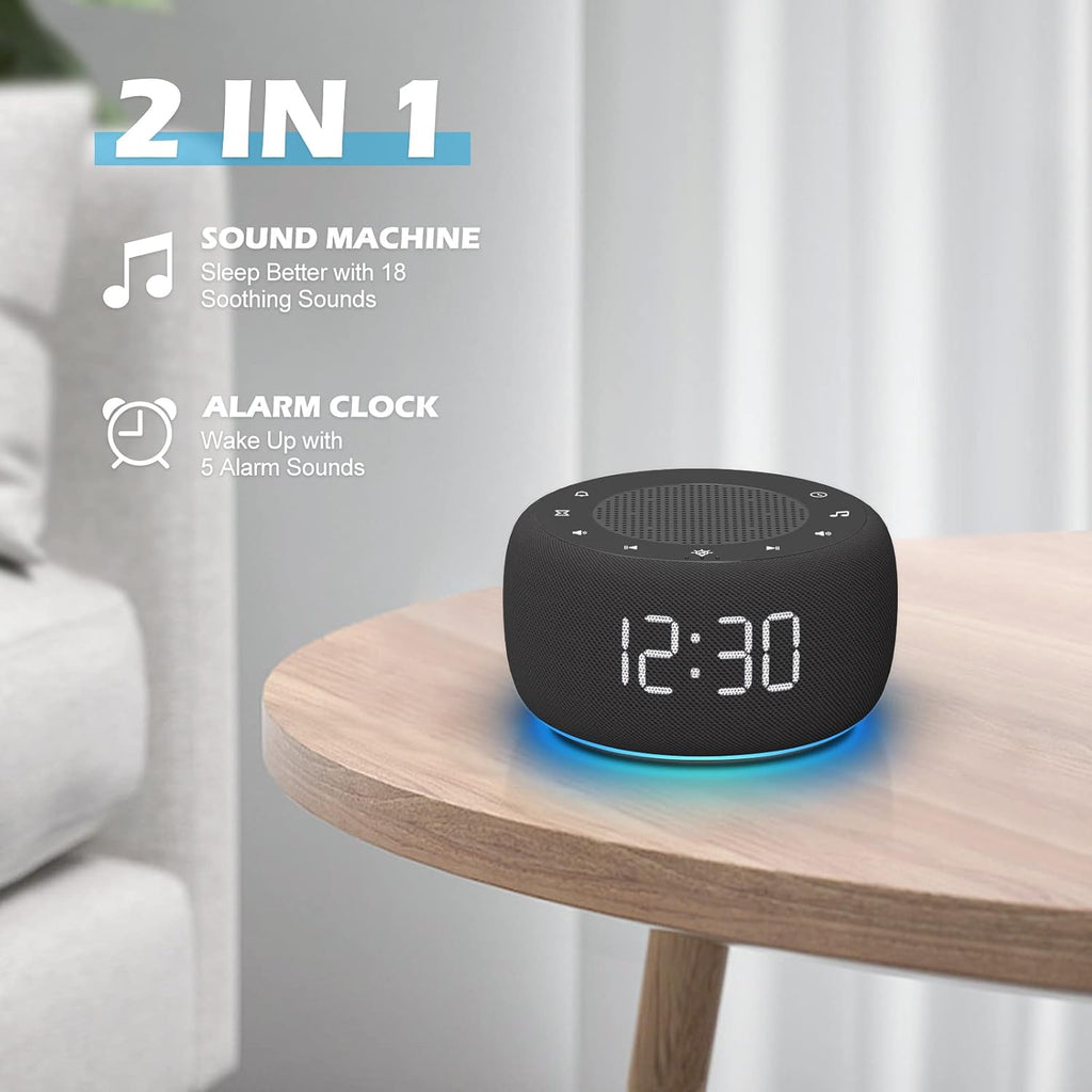 Buffbee Sound Machine & Alarm Clock 2-in-1, 0-100% Clock Face Brightness, Bottom Colored Light, Sleep Timer, Precise 30-Level Volume…