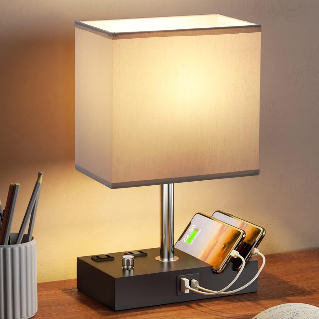 Kakanuo Table Lamp for Bedroom with Dual USB Ports, Grey Fully Dimmable Bedside Lamp with Phone Stands and 2 Charging Outlets, Desk Lamp…