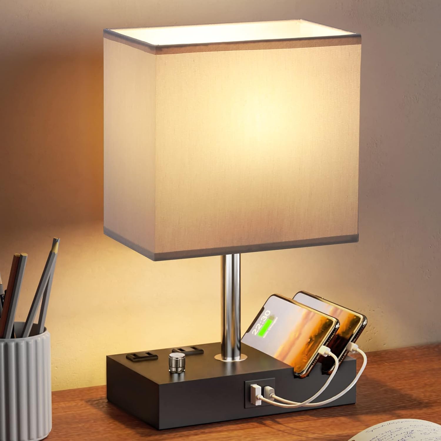 Kakanuo Table Lamp for Bedroom with Dual USB Ports, Grey Fully Dimmable Bedside Lamp with Phone Stands and 2 Charging Outlets, Desk Lamp…