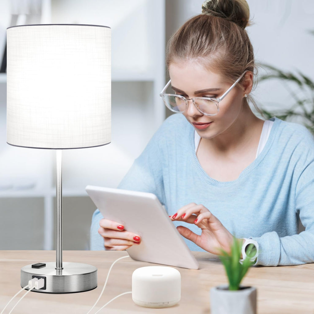 Lynnoland Set of 2 Touch White Table Lamps with 2 USB Ports & AC Outlet, 3-Way Dimmable Bedside Nightstand Lamps for Bedroom Living Room…
