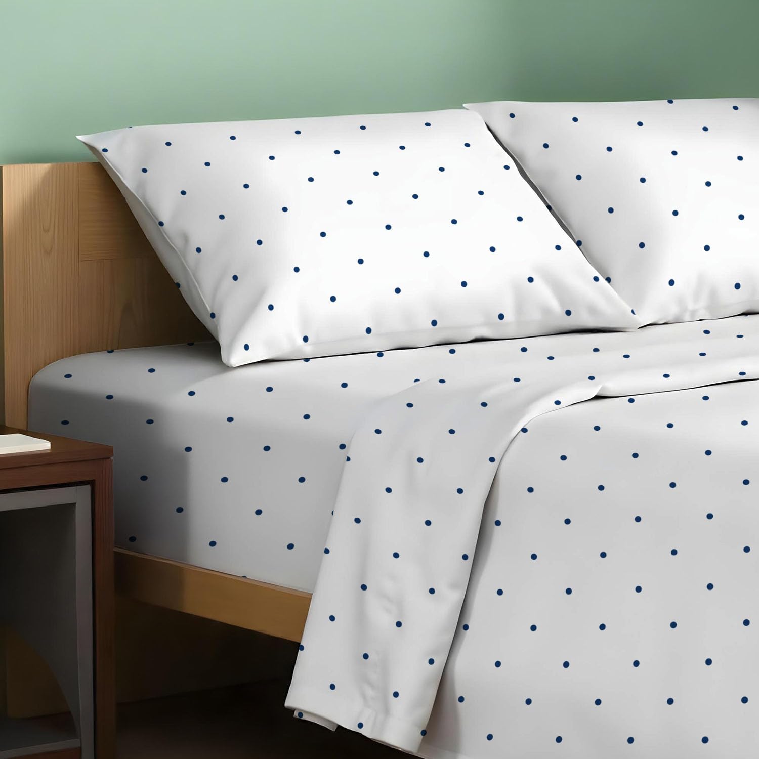 TEXAS LINEN CO. 100% Organic Cotton Sheets Twin Size - 3 PC Organic Cotton Percale Printed Sheets Twin Set (Navy Polka Dot), Soft…