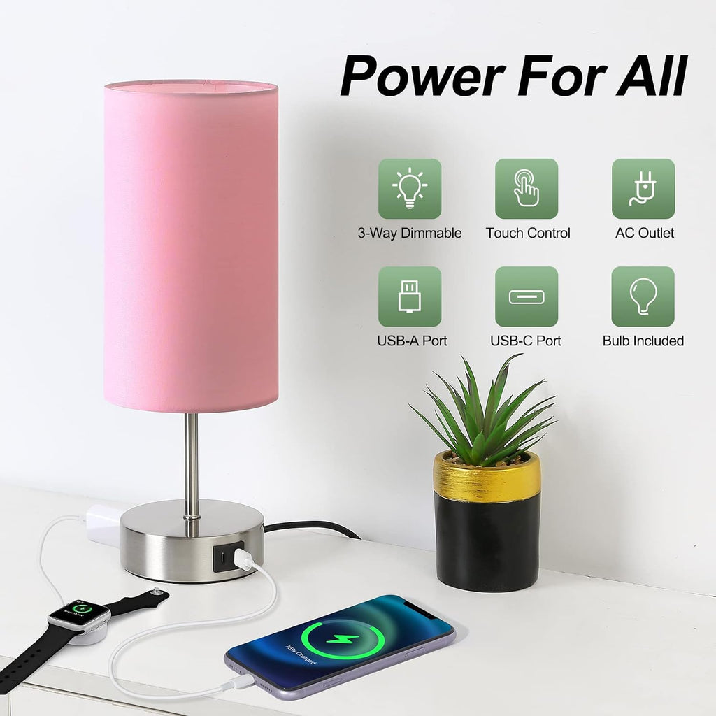 Yarra-Decor 【Upgraded Bedside Lamp with USB A+C Charging Ports & AC Outlet Touch Control Table Lamp for Girl Bedroom 3 Way Dimmable…