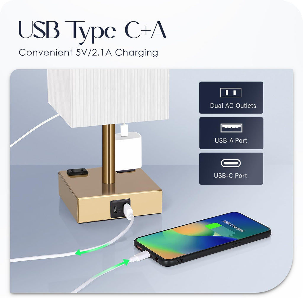 Bedside Lamp with USB Ports - Touch Control Table Lamp for Bedroom with USB C+A Ports & AC Outlets, 3 Way Dimmable Nightstand Light with…