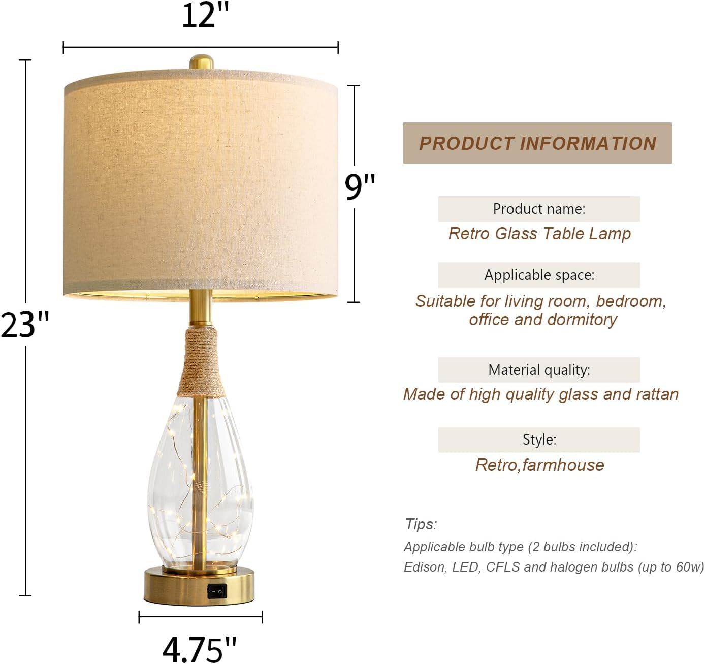 OYEARS 23" Table Lamps for Living Room Set of 2 Bedside Lamps for Night Stands Bedroom Lamps Farmhouse Rattan Boho Lamp Glass Nightlight…