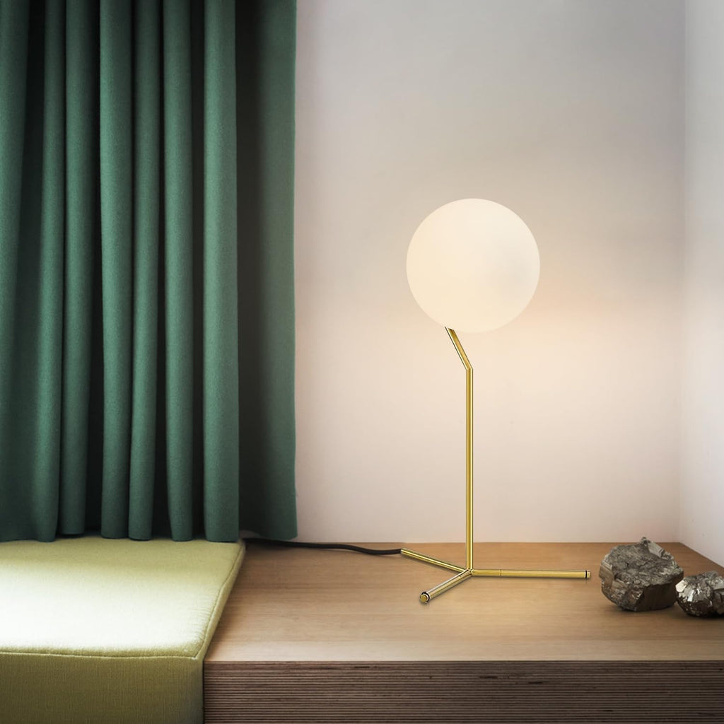 BOKT Modern 1-Light Glass Globe Table Lamp Contemporary Minimalist Tall Bedside Desk Nightstand Lamp Vintage Brush Gold Metal Table Light…