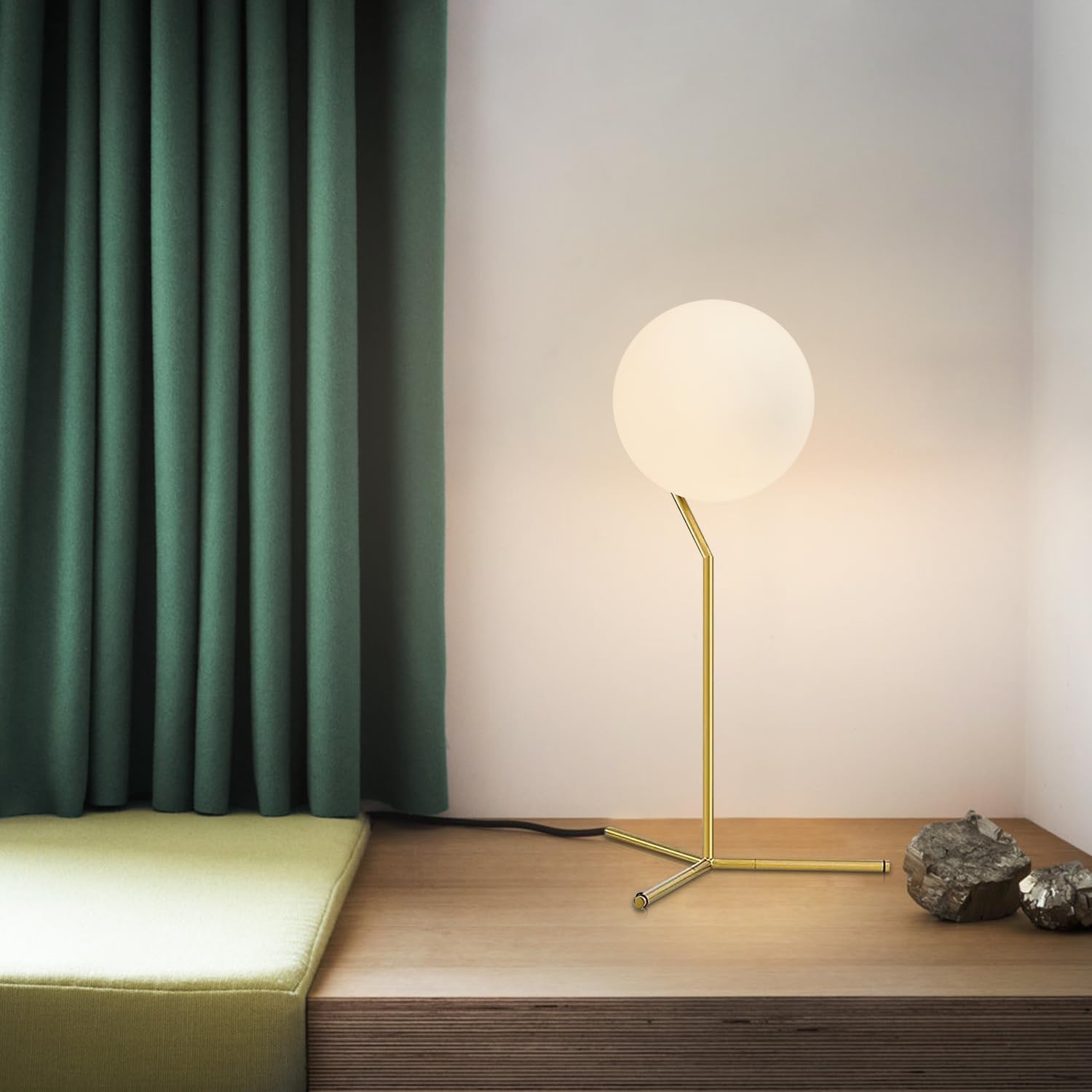 BOKT Modern 1-Light Glass Globe Table Lamp Contemporary Minimalist Tall Bedside Desk Nightstand Lamp Vintage Brush Gold Metal Table Light…