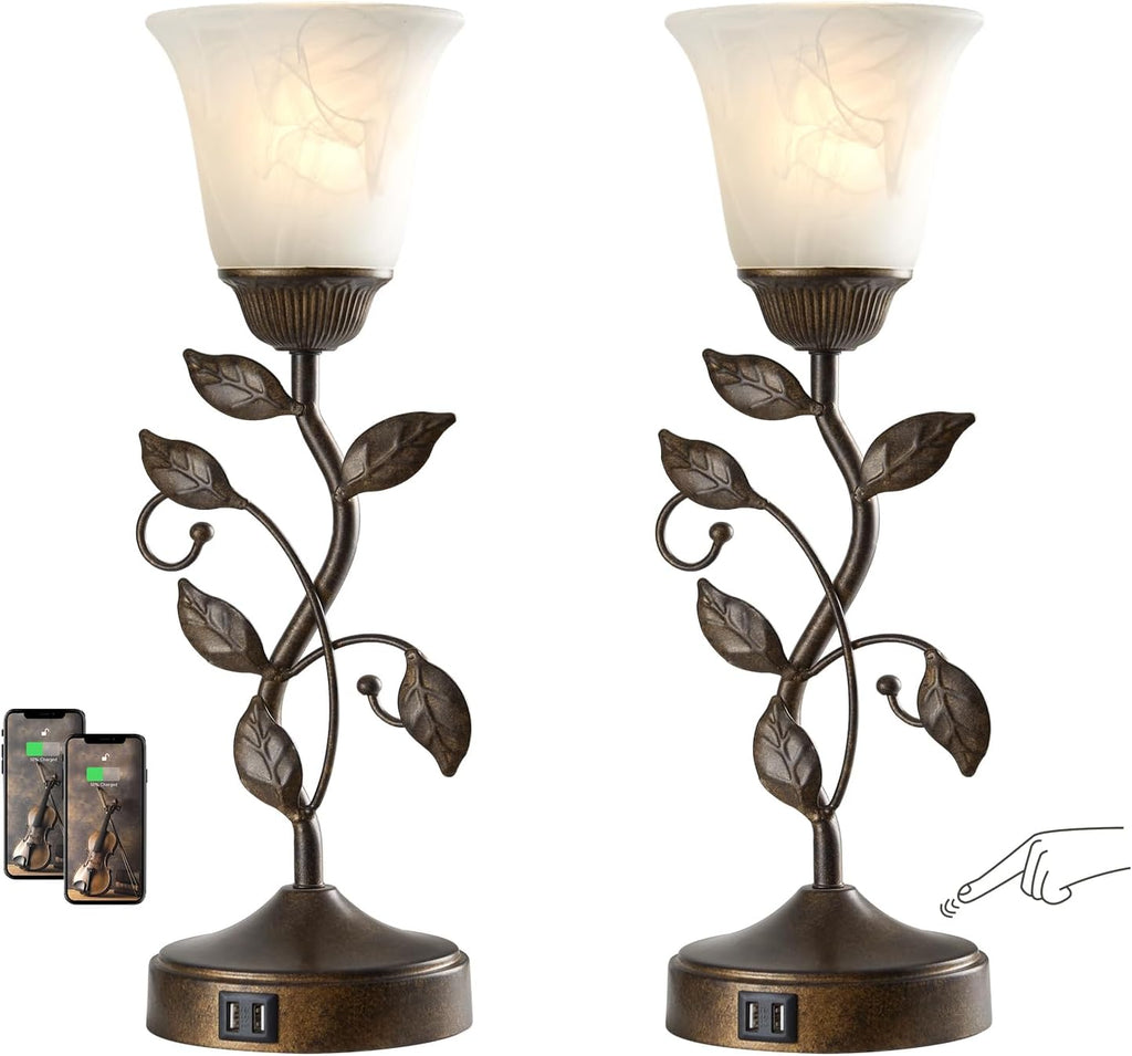 Set of 2 Touch Farmhouse Bedroom Table Lamps, Nightstand Vintage Flower Lamps with 2 USB Ports, 3 Way Dimmable Leaf Lamp for Living Room…